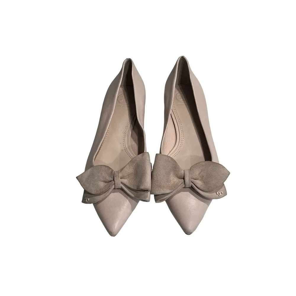 Tory Burch Rosalind Pink Suede‎ Leather Sole Bow Ballet Flats Size 6M 44412